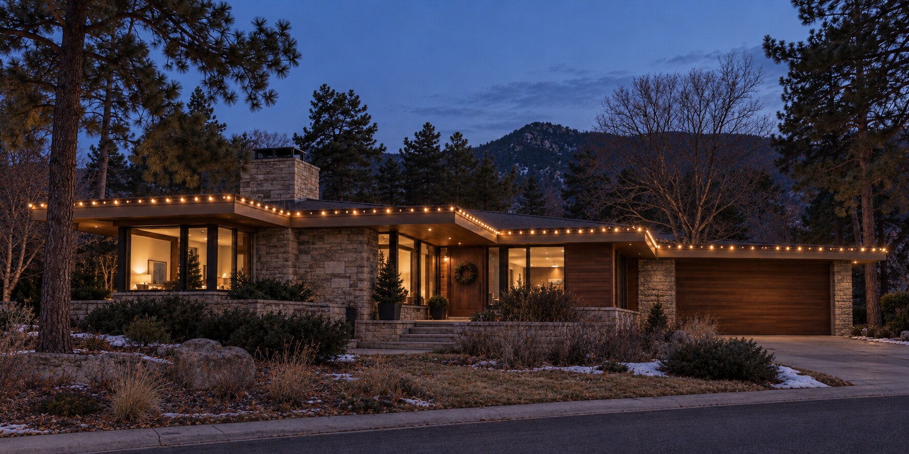 Design concept showing warm white custom-cut roofline Christmas lighting on a ranch home