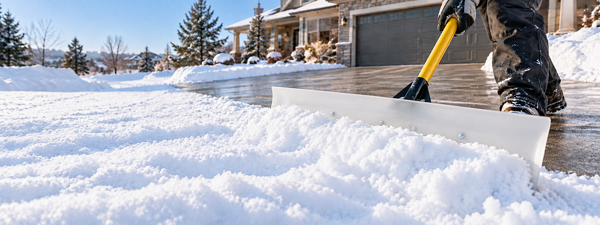 A professional using a wide white snow pusher to clear a residential driveway in morning light